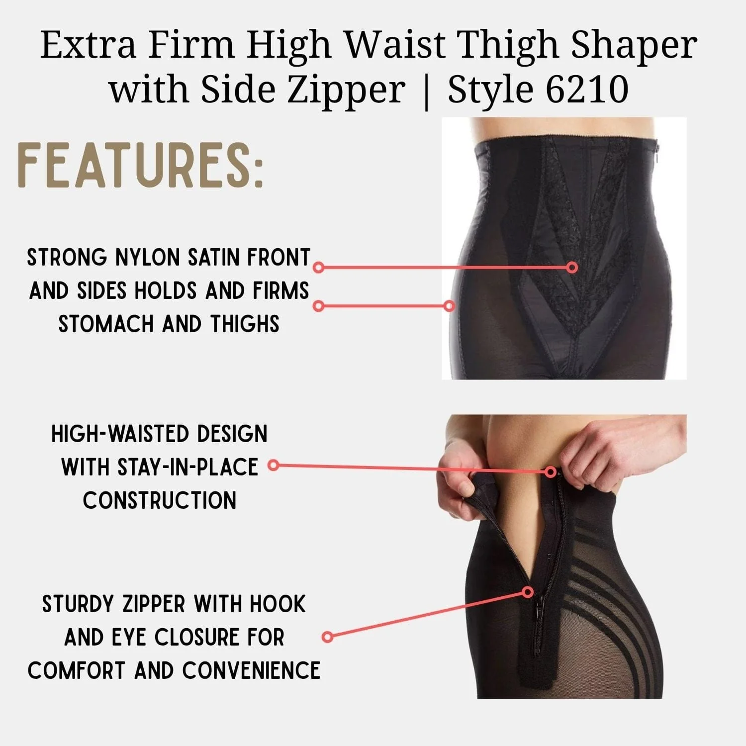 Style 6210 | High Waist Long Leg Shaper with Side Zipper |  Extra Firm Control - Image 4