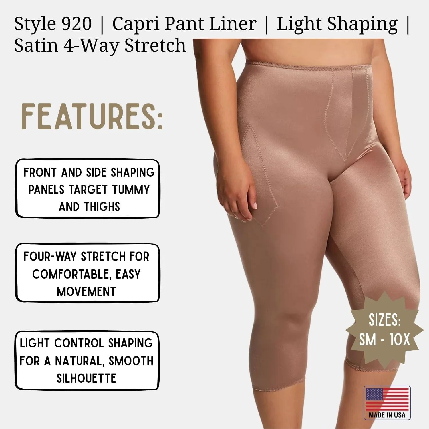 Style 920 | Capri Pant Liner Light Shaping | Satin 4-Way Stretch - Image 10